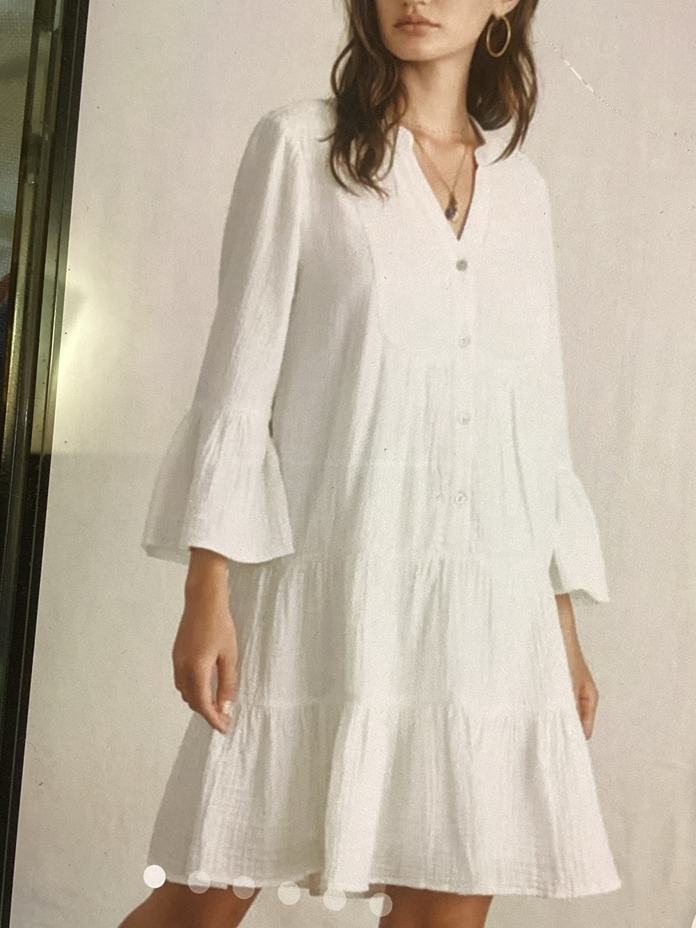 Faherty White Tiered Button-Front Long Sleeve Gauze Dress Size Medium NWT